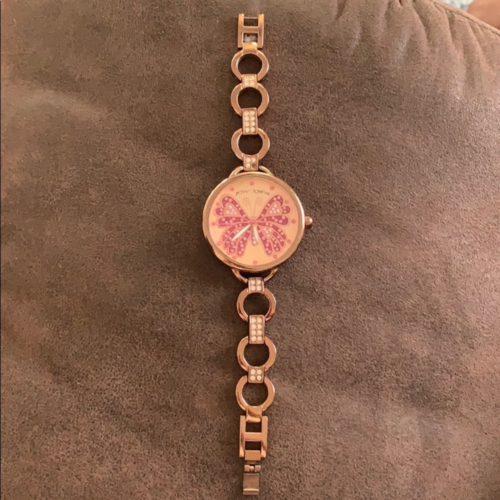 Betsey Johnson pink butterfly and rose gold watch